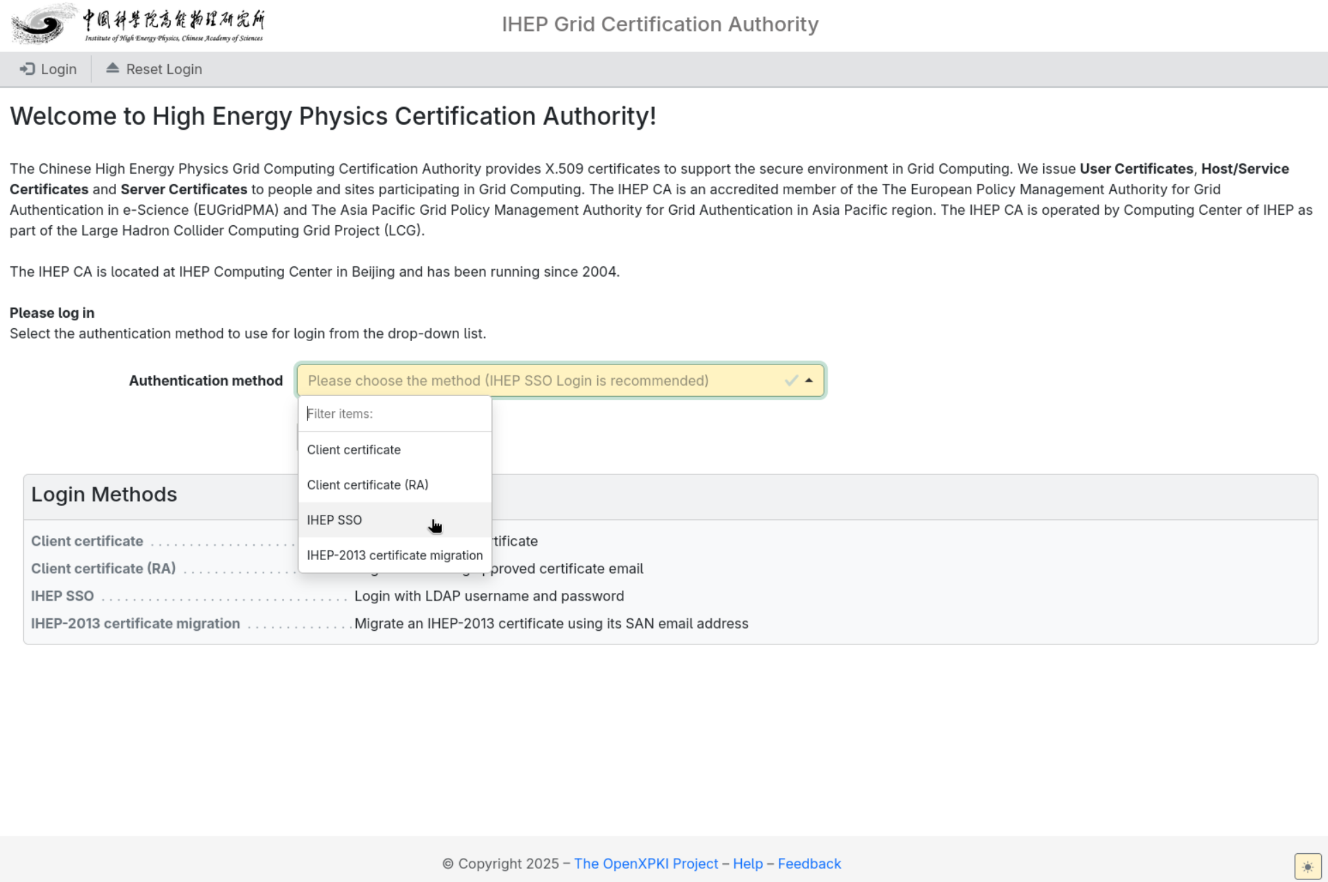 WebUI login page, choose IHEP SSO