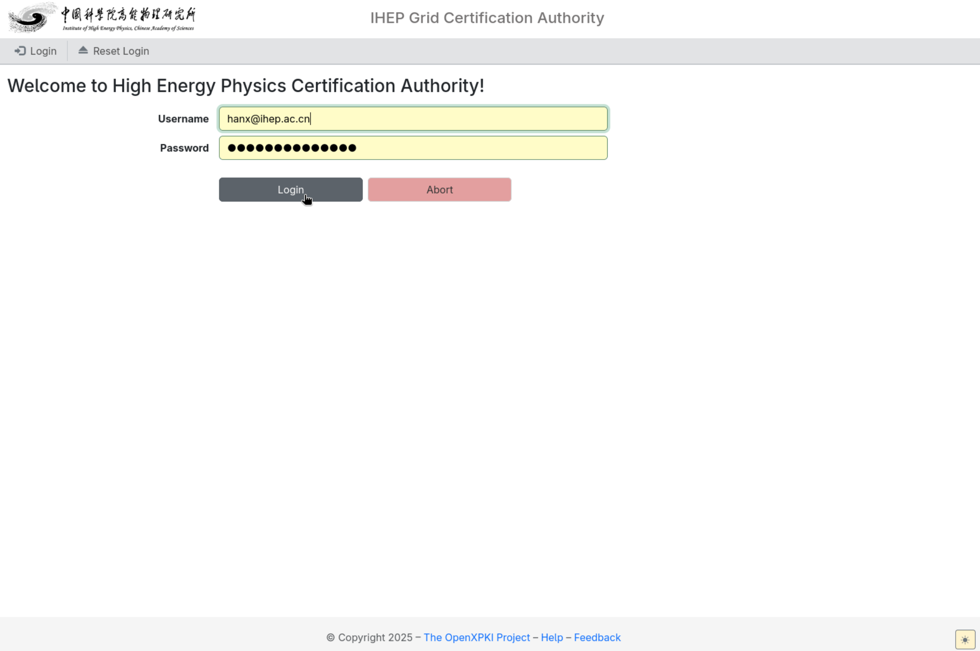 Enter IHEP SSO username and password
