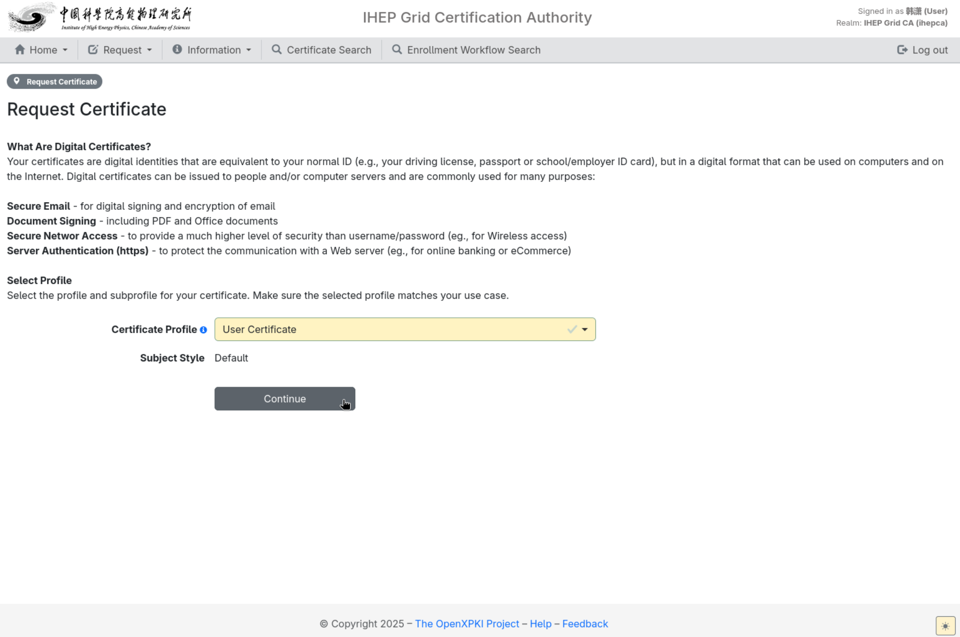 Select certificate profile: User Certificate