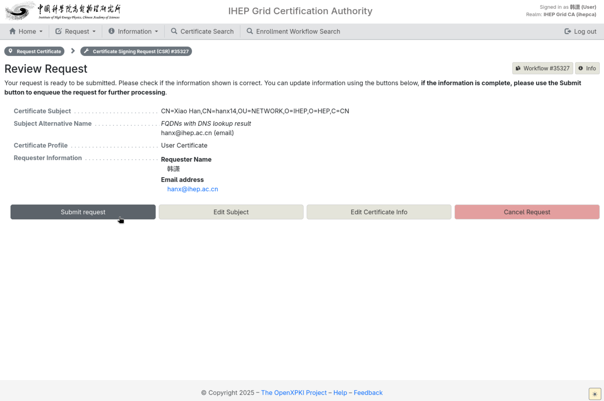 Review Request page