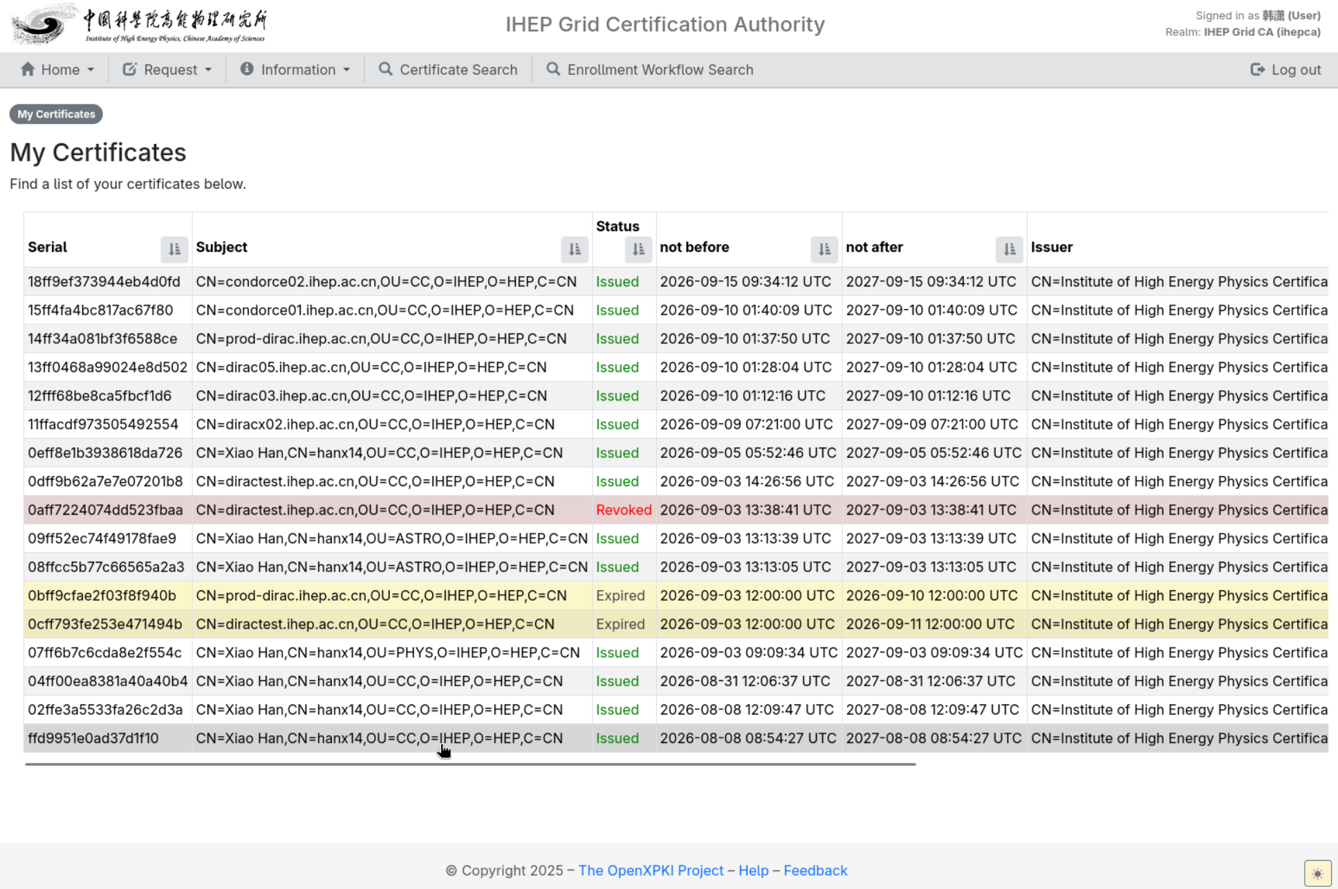 Select the target certificate in the My Certificates list