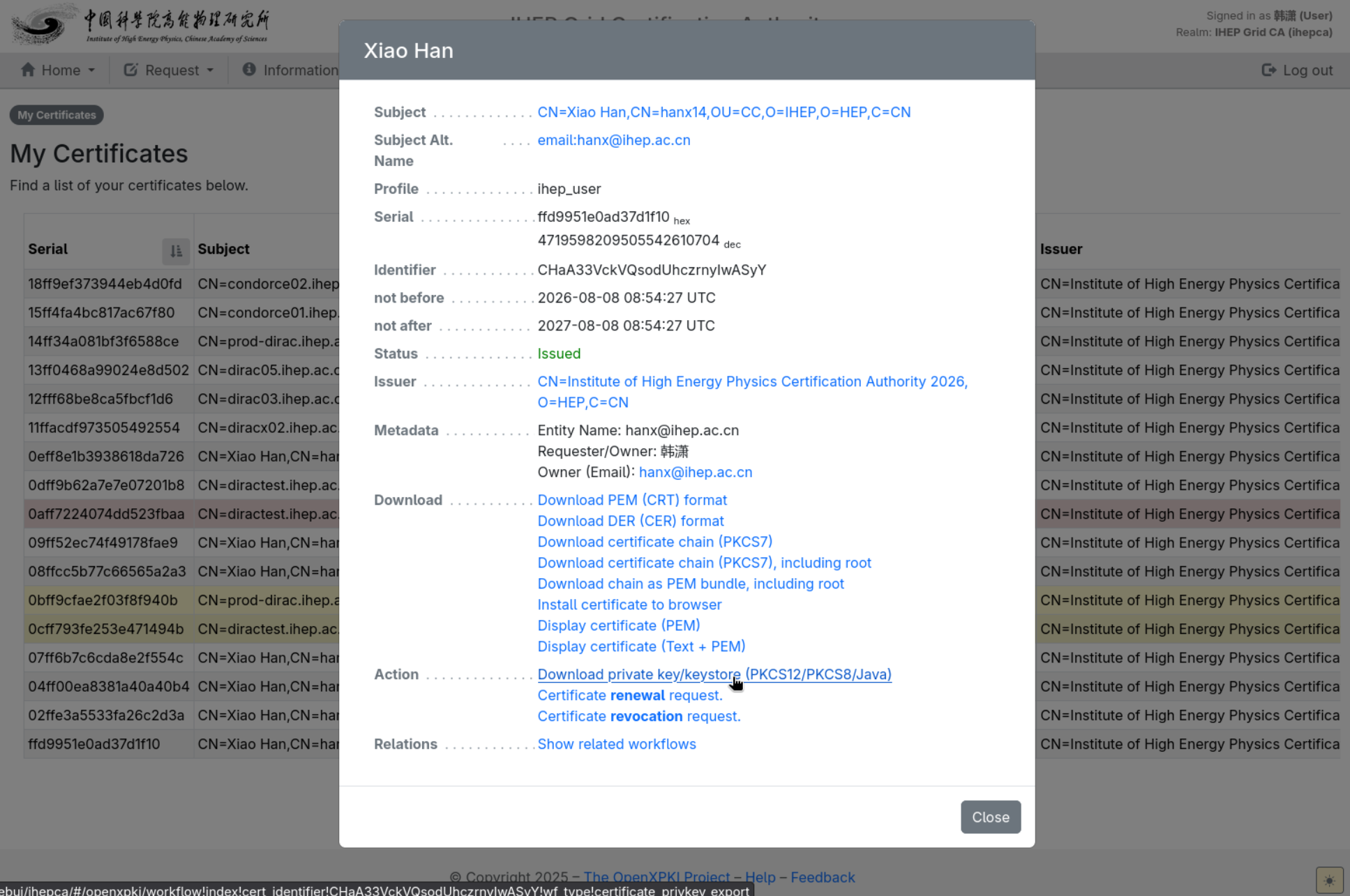 Download entry in the certificate detail Action area