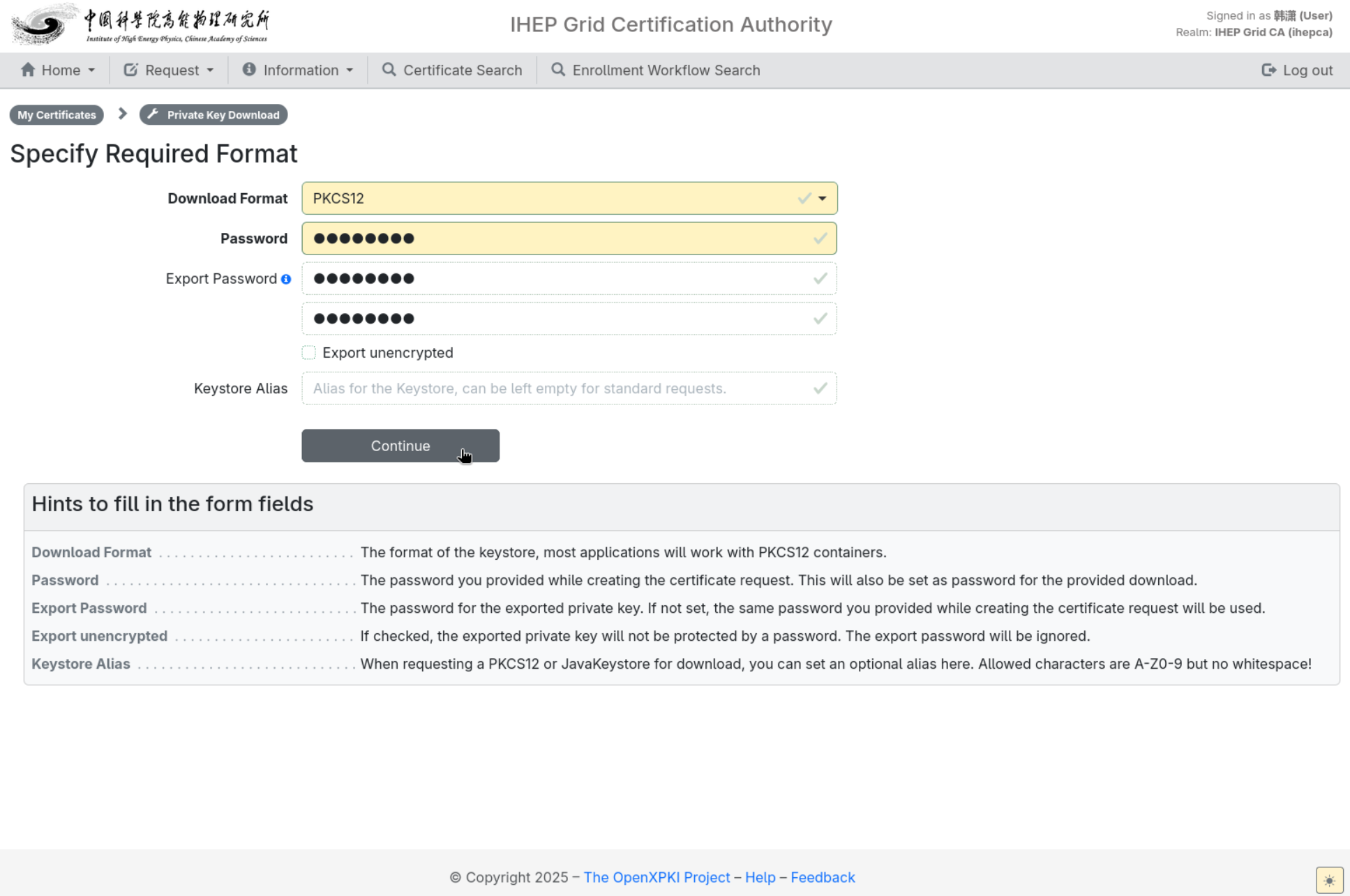 Specify the download format and passwords