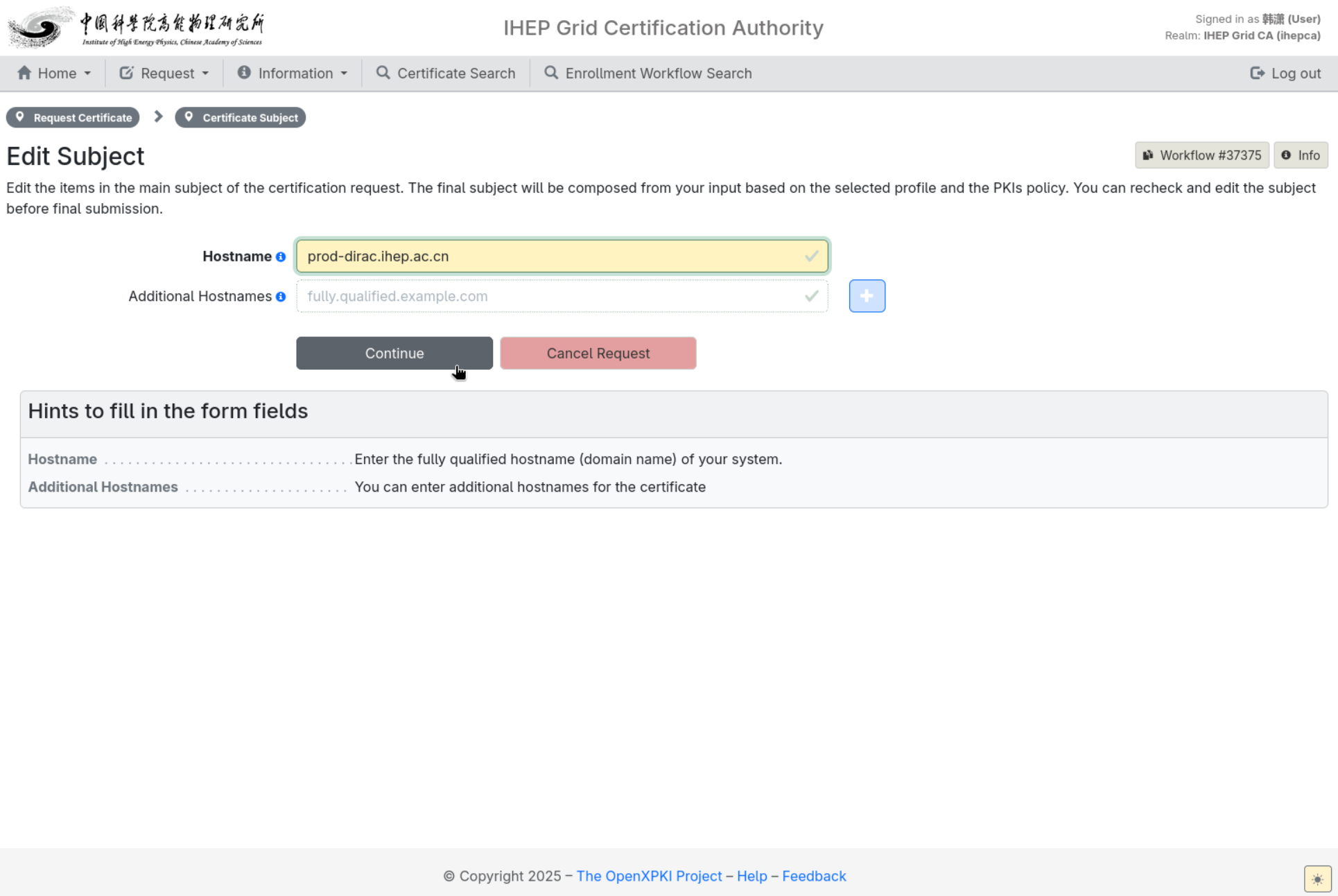 Host certificate: enter Hostname and Additional Hostnames