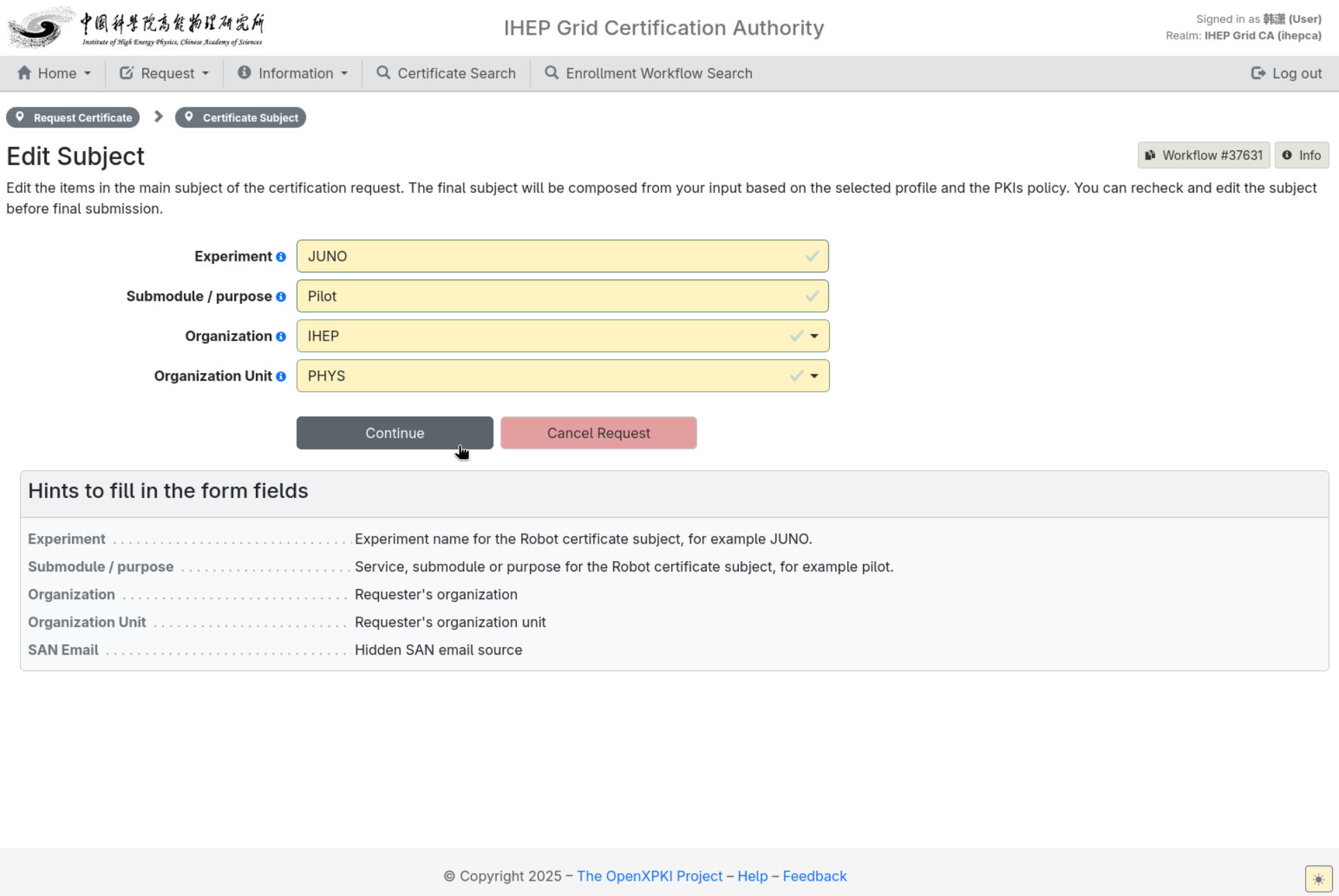Robot certificate: enter Experiment and Submodule / purpose