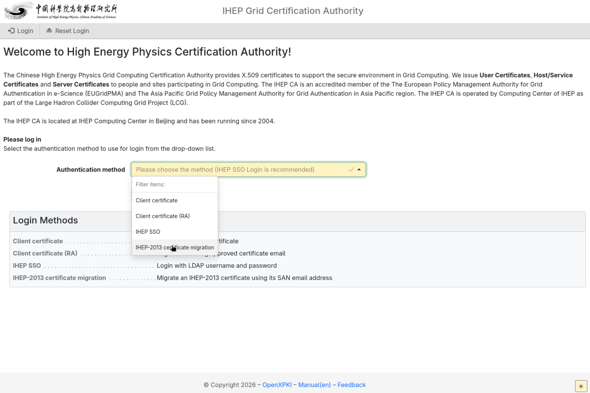 Choose the IHEP-2013 certificate migration method on the login page