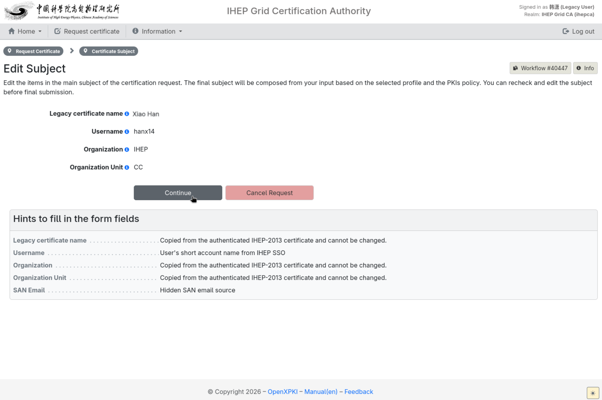 Check the Legacy certificate name and other fields (read-only)